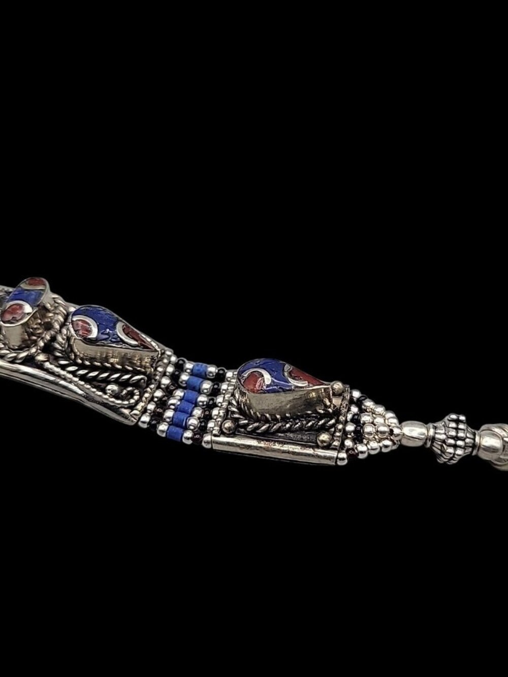 Vintage Tibetan Nepalese Silver Inlay Bracelet Lapis Coral 7.5” Ethnic Boho - Picture 15 of 16